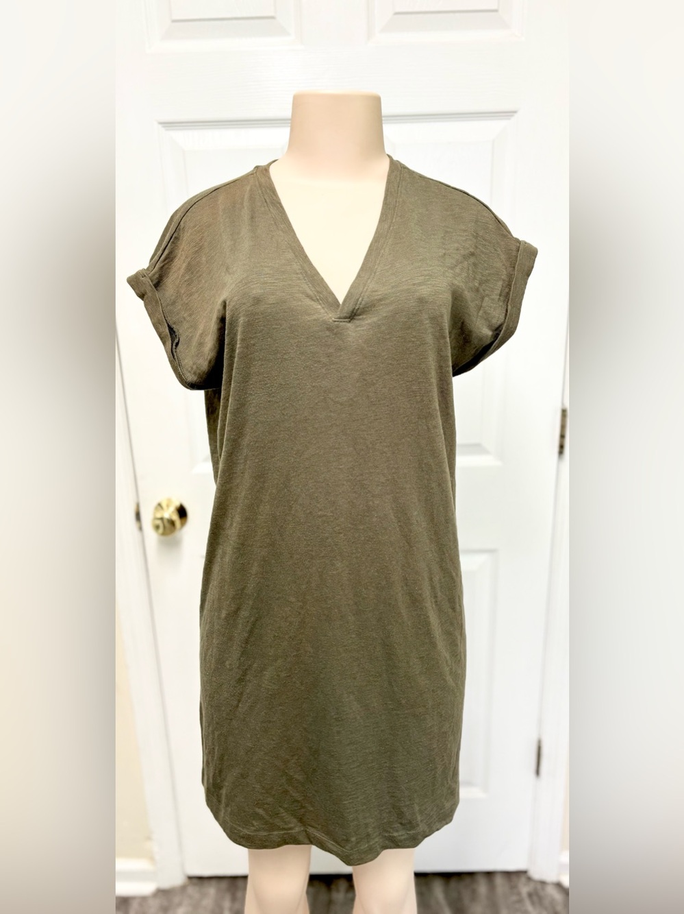 GAP Olive Green V-Neck T-Shirt Dress Rolled Cuff Size Small